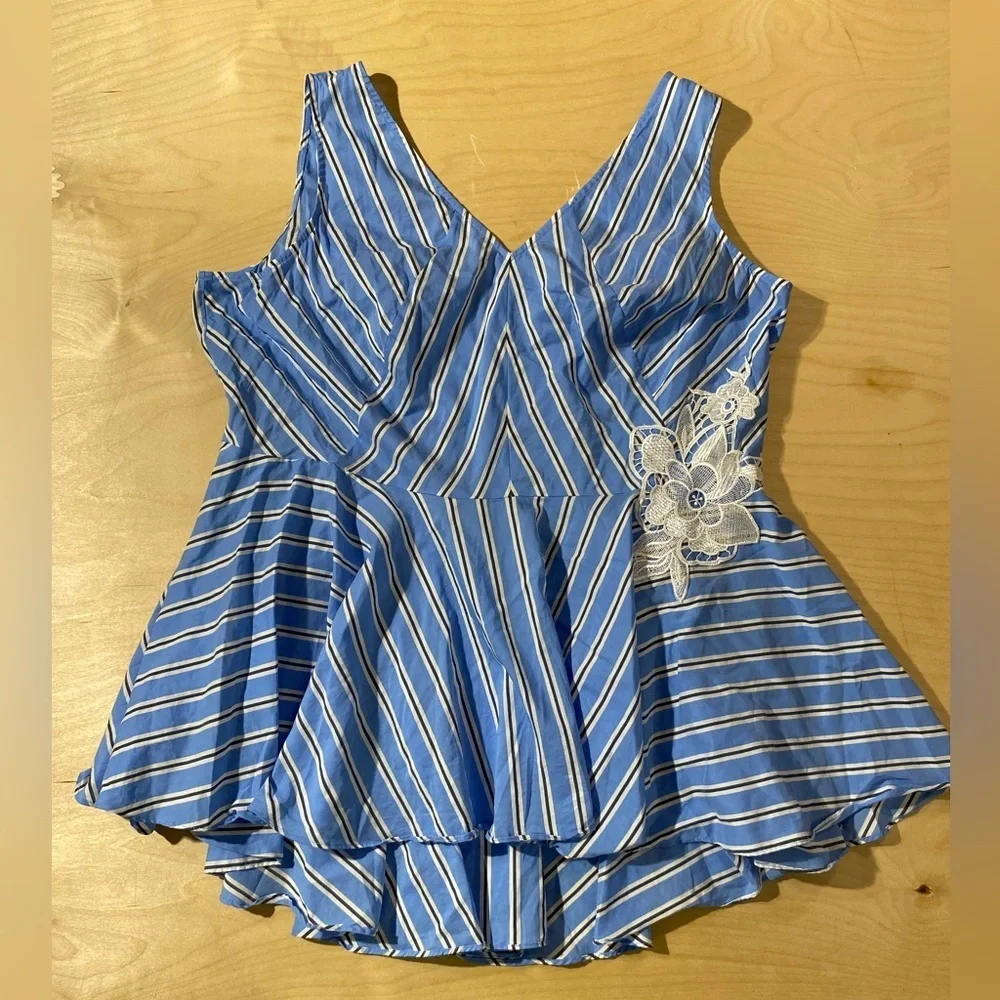 Lane Bryant Blue and White Striped Blouse with Floral Lace 18P (OS)